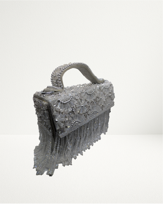 Silver Crystal Embellished Fringe Clutch