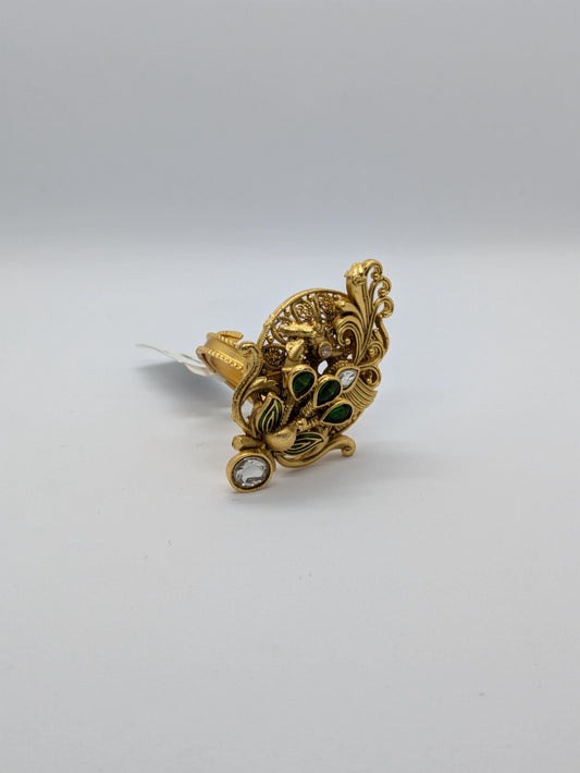 Peacock Design Antique Gold Adjustable Imitation Ring – Green & White Stone Detailing