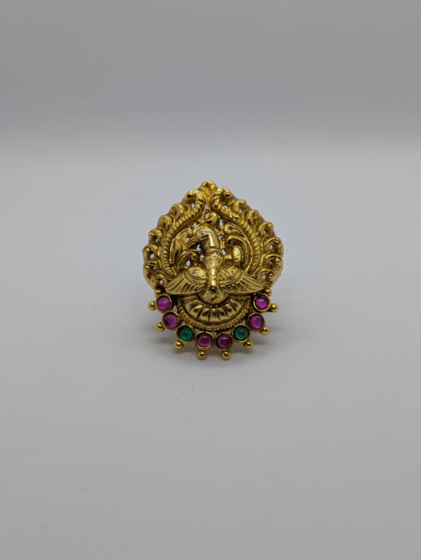 Temple Design Antique Gold Adjustable Imitation Ring – Multicolor Stone Work