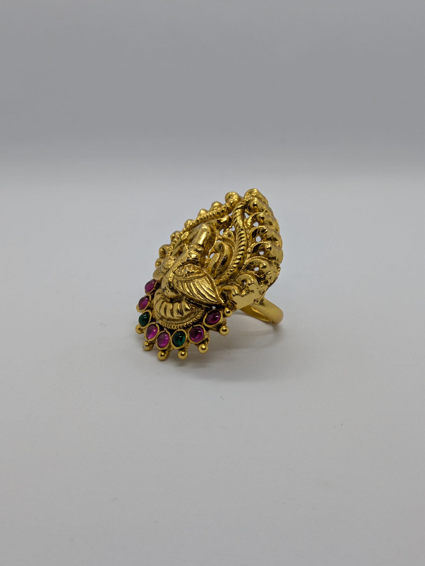 Temple Design Antique Gold Adjustable Imitation Ring – Multicolor Stone Work