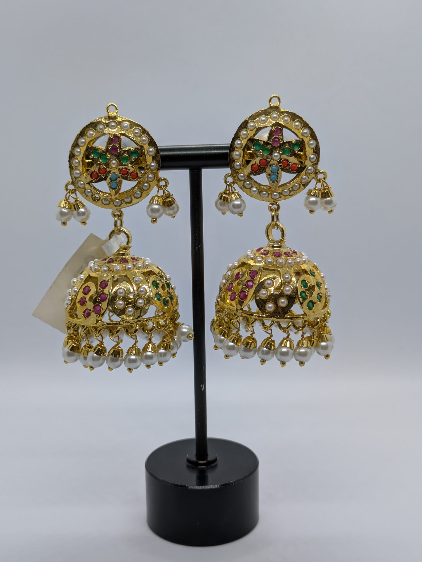 Multicolor Temple Dome Jhumka Earrings with Pearl Drops