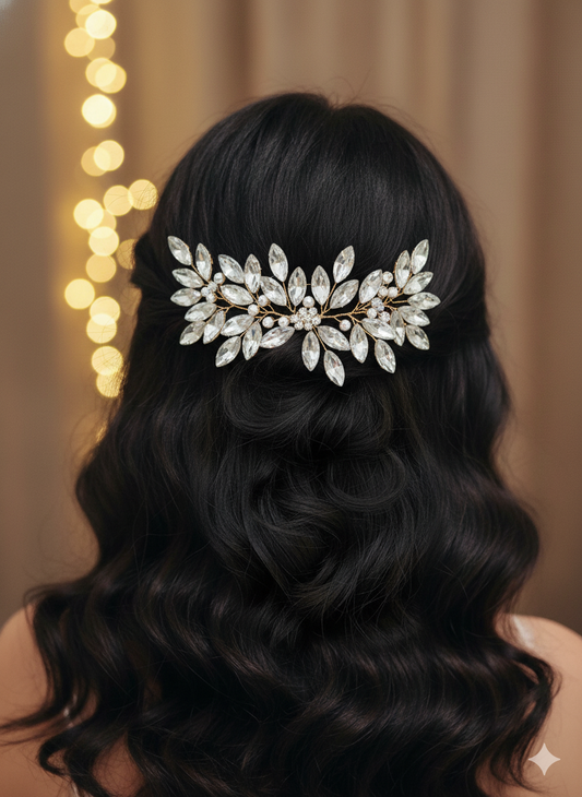 Silver Crystal Leaf Hair Clip