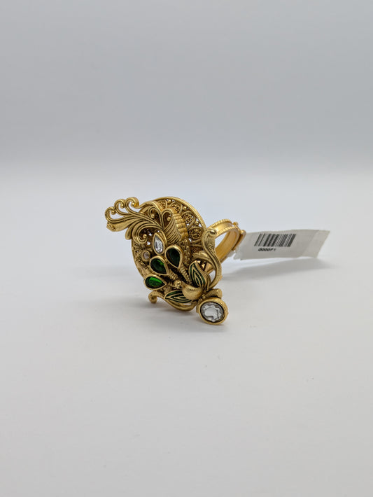 Peacock Design Antique Gold Adjustable Imitation Ring – Green & White Stone Detailing