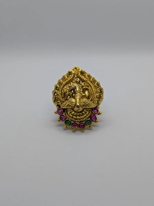 Temple Design Antique Gold Adjustable Imitation Ring – Multicolor Stone Work