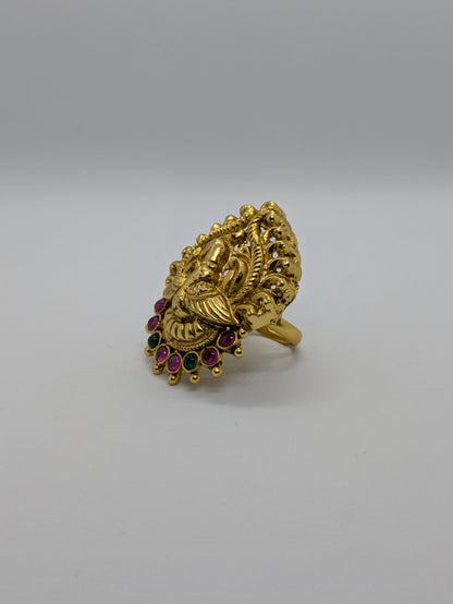Temple Design Antique Gold Adjustable Imitation Ring – Multicolor Stone Work