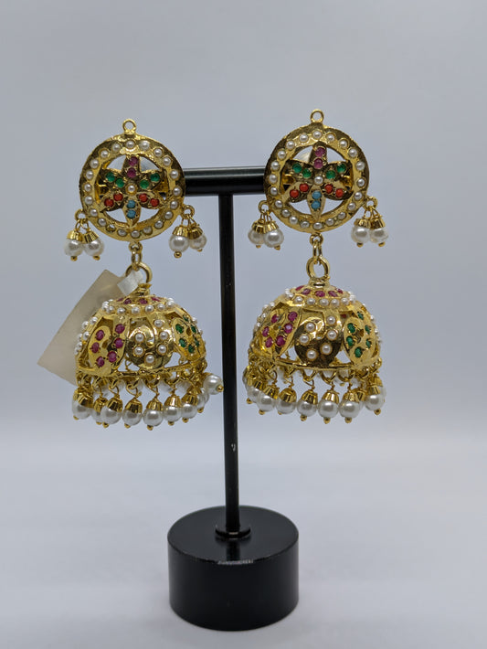 Multicolor Temple Dome Jhumka Earrings with Pearl Drops