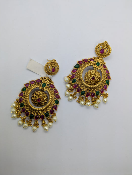 Temple Circle Earrings with Ruby-Green Stones & Pearl Drops