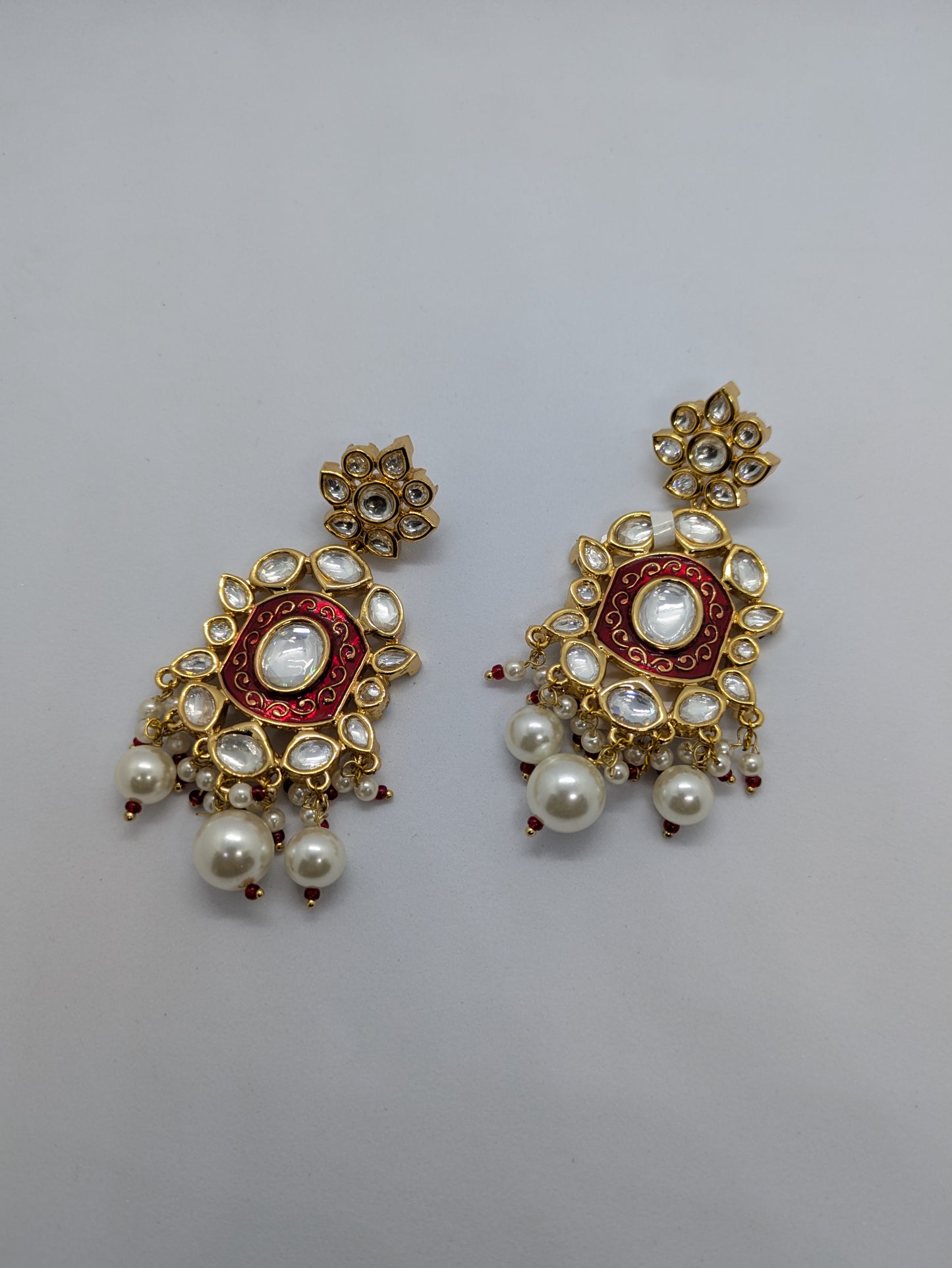 Red Enamel Kundan Pearl Drop Earrings