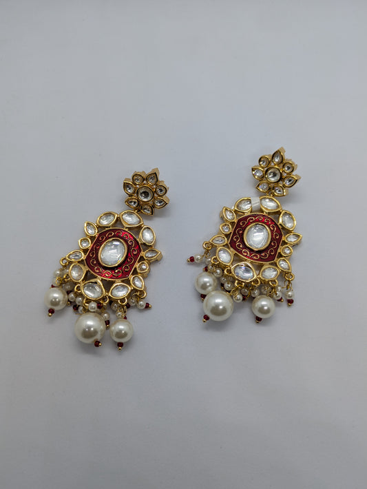 Red Enamel Kundan Pearl Drop Earrings